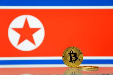  Altın bitcoin devlet bayrağı bulanık bir arka plan üzerinde duruyor