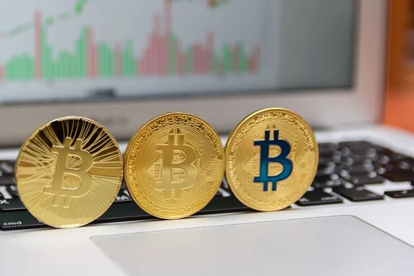 Altın bitcoins klavye ve grafik arka plan üzerinde durmak
