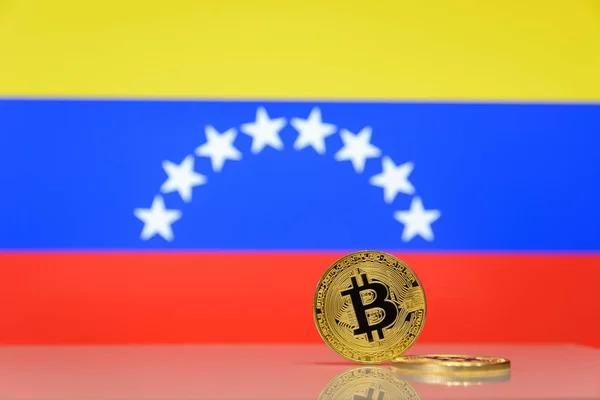 Golden Bitcoin Stands Blurred Background State Flag — Stock Photo, Image