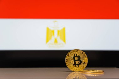  Altın bitcoin devlet bayrağı bulanık bir arka plan üzerinde duruyor