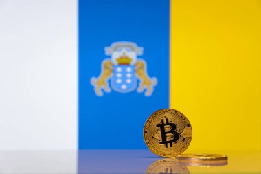  Altın bitcoin devlet bayrağı bulanık bir arka plan üzerinde duruyor