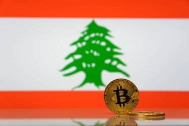  Altın bitcoin devlet bayrağı bulanık bir arka plan üzerinde duruyor