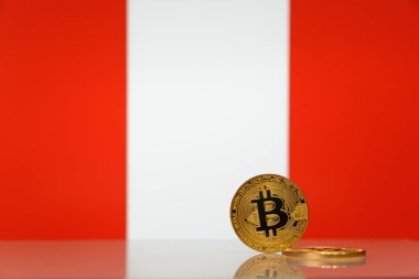  Altın bitcoin devlet bayrağı bulanık bir arka plan üzerinde duruyor