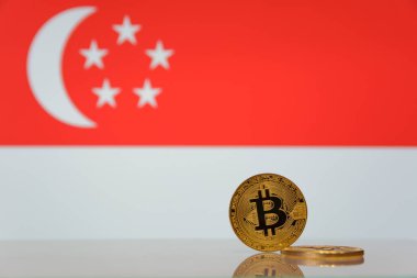  Altın bitcoin devlet bayrağı bulanık bir arka plan üzerinde duruyor