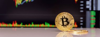 Altın bitcoin ve grafik monitör