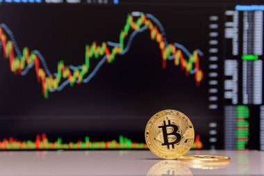 Altın bitcoin ve grafik monitör