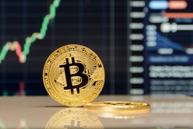 Altın bitcoin ve grafik monitör