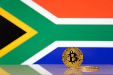  Altın bitcoin Güney Afrika Devlet bayrağı bulanık bir arka plan üzerinde duruyor