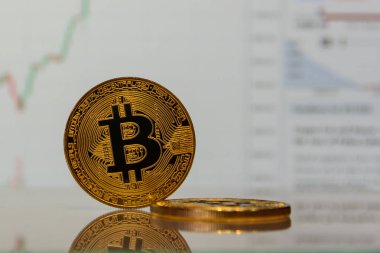 Altın bitcoin ve grafik monitör