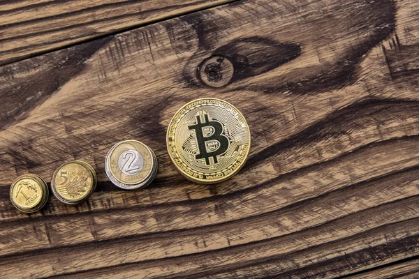  Her zamanki gibi paralar ile ahşap masa üzerinde bir yığın altın bitcoins yalan 