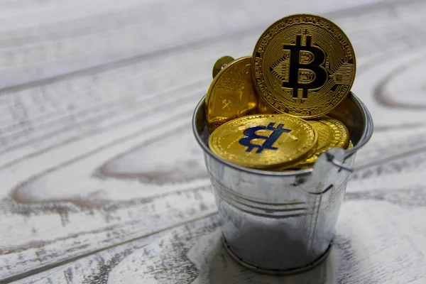 Goldener Bitcoin Und Andere Kryptowährung Spielzeug Metalleimer — Stockfoto