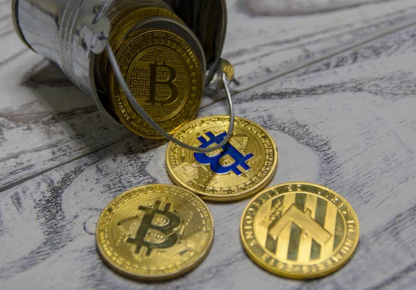 Goldener Bitcoin Und Andere Kryptowährung Spielzeug Metalleimer — Stockfoto