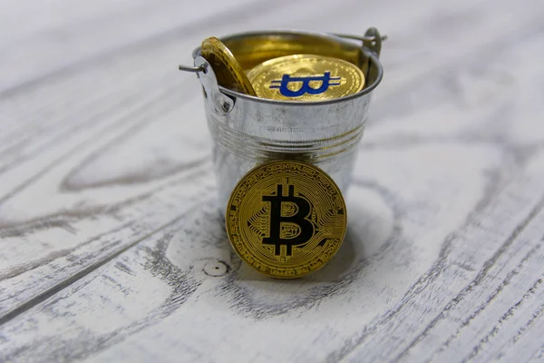 Golden Bitcoin Other Crypto Currency Toy Metal Bucket — Stock Photo, Image