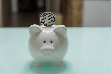 Seramik kumbara üstte gümüş litecoin ile