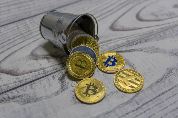Χρυσή Bitcoin Και Άλλο Κρυπτό Νόμισμα Στο Παιχνίδι Μεταλλικό Κουβά — Φωτογραφία Αρχείου