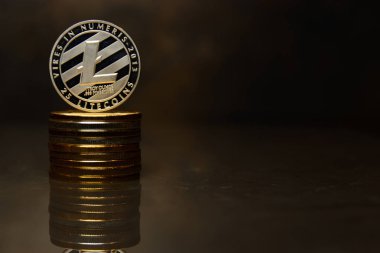 Gümüş Litecoin ve yansıtıcı yüzey üzerinde sikke yığını