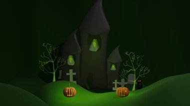 Mezarlıktaki cadılar bayramı hayaleti ve perili ev 4k animasyonu