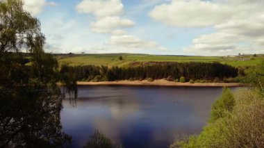 Tepe İlçesi Ulusal Parkı 'ndaki ağaçlar ve tarlalar çevresindeki göl mavi gökyüzü geniş 4k hava aracı seçici odak noktası