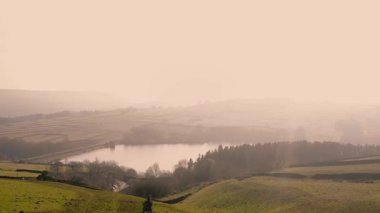 Kırsal göl ve çam ağaçları Tepesi İlçe Ulusal Parkı sisli bir günde zoom insansız hava aracı seçici odak noktası