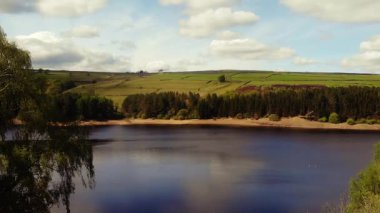 Ağaçlar ve tarım arazileri, Peak District Ulusal Parkı 'ndaki gölü çevreleyen mavi gökyüzü geniş zoom insansız hava aracı seçici odak noktası.