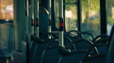 Bus journey through city interior medium zoom shot selective focus