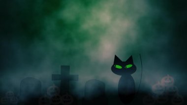 Karanlık bulutlarla kaplı yalnız mezarlıkta kara kedi. 4k animasyon.