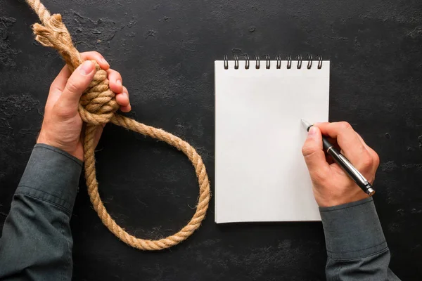 Man Writes Suicide Note Holds Rope Loop — Stock Photo, Image