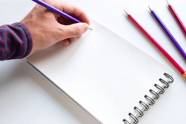 Left Hander Writes Notebook Mockup — Stock Photo, Image