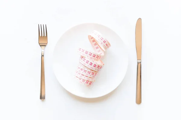 Fork Knife White Dish Measuring Tape Diet Concept — Stock Photo, Image