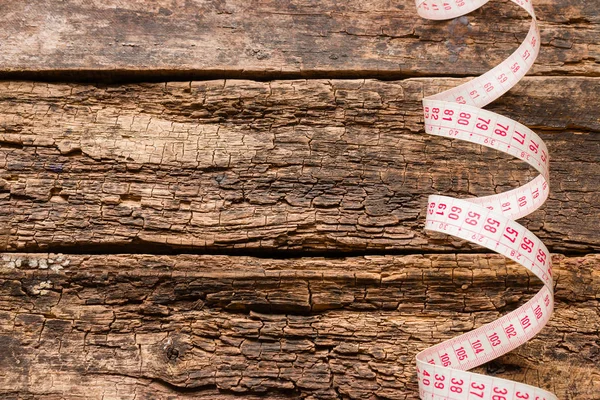 Measuring Tape Wooden Background Space Text — Stock Photo, Image