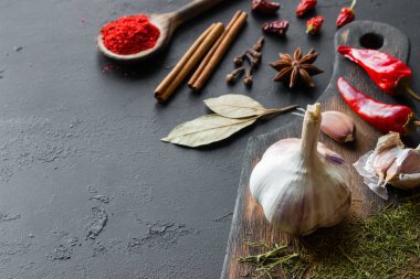 Baharat ve otlar ile kesme tahtası üzerinde siyah bir arka plan üzerinde metin yer