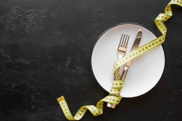 Prato Fita Métrica Conceito Dieta Com Espaço Cópia — Fotografia de Stock