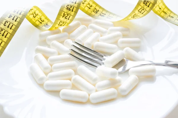 Plate Pills Measuring Tape Close Concept Diet — Stock Photo, Image