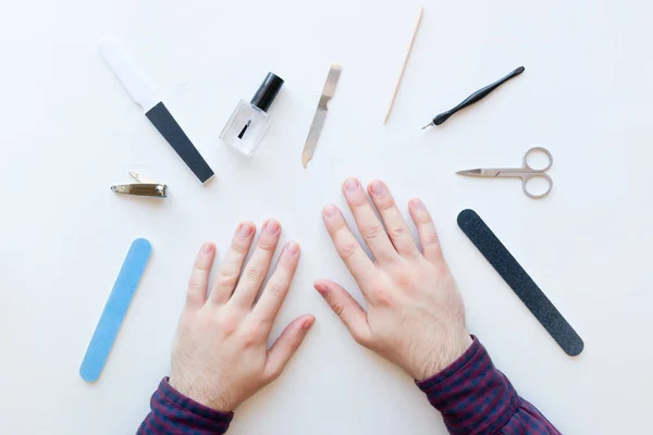 Cura Delle Unghie Manicure Mani Uno Sfondo Bianco — Foto Stock