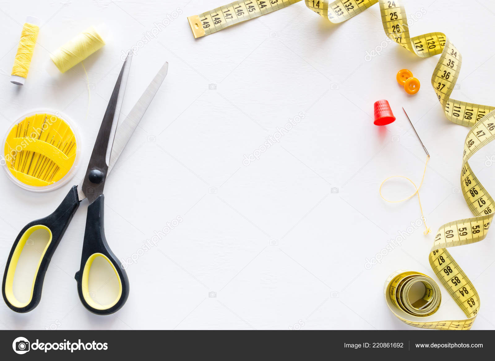 Download Sewing Accessories Scissors Measuring Tape Thread Needles White Background Mockup Stock Photo Image By C Itakdalee 220861692