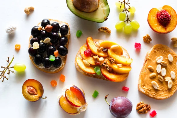 Homemade Cooked Sandwiches Fruit Berries Nuts White Background Closeup — Stock Photo, Image