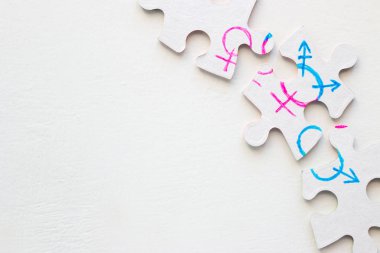 detayları boyalı cinsiyet simgeleri ile birlikte bir bulmaca için beyaz bir arka plan üzerinde metin yer