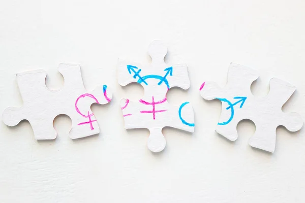 拼图的细节与绘制的性别符号 两性平等的概念 — 图库照片