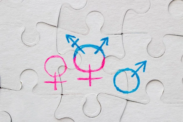 变性符号 在平等的益智概念上绘制的女性和男性性别符号 — 图库照片