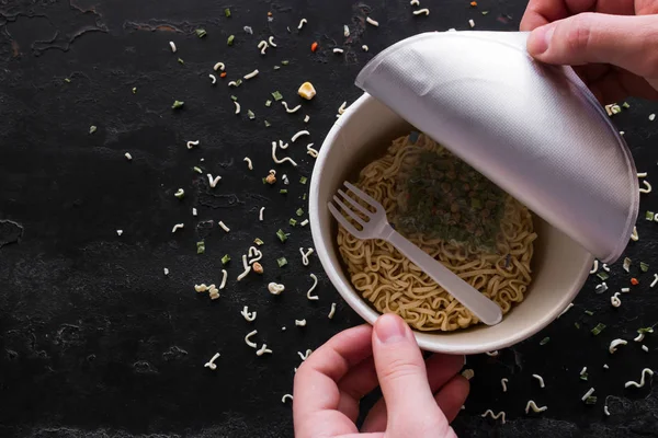 Opens Instant Noodles Black Background Space Text — Stock Photo, Image