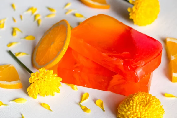 Natural Spa Soap White Background Yellow Flower Petals Oranges — Stock Photo, Image