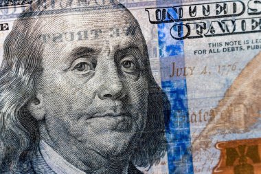 Amerikan doları banknotu Franklin portresi. Yakın plan.