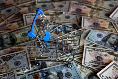 Dolar banknotlarının, kriz konseptinin, enflasyonun arka planında boş market arabası