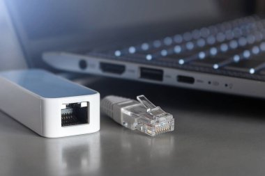 Bir dizüstü bilgisayara bir internet kablosu bağlamak için adaptör ve bir dizüstü bilgisayarın arka planında bir rj-45 konnektörlü bir internet kablosu.