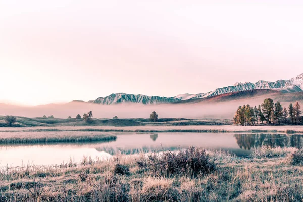 Gölün su yüzeyi dağlarda bir yansımasıdır. Dağ ve vadi bir ayna göl ile güzel görünümünü. Altay için seyahat.