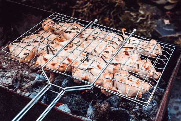 Cooking Meat Fire Fry Meat Metal Grid Barbecue Nature Party — Stock Photo, Image