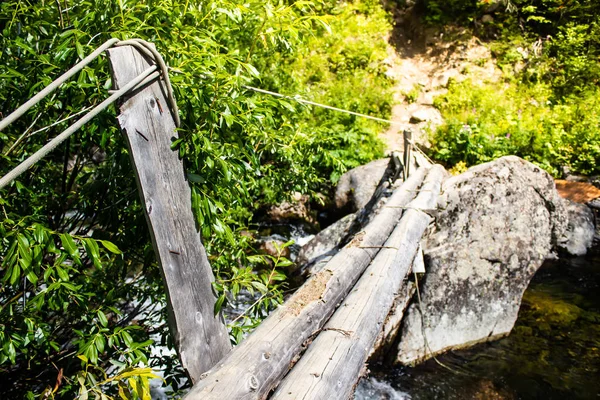 Alte Hölzerne Touristenbrücke Aus Holz Und Seilen Über Den Gebirgsfluss — Stockfoto