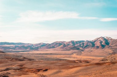 Bozkır sarı kum ile düz. Sıcak güneşin altında sarı toprak. Dağ boş Vadisi. Seyahat altay.