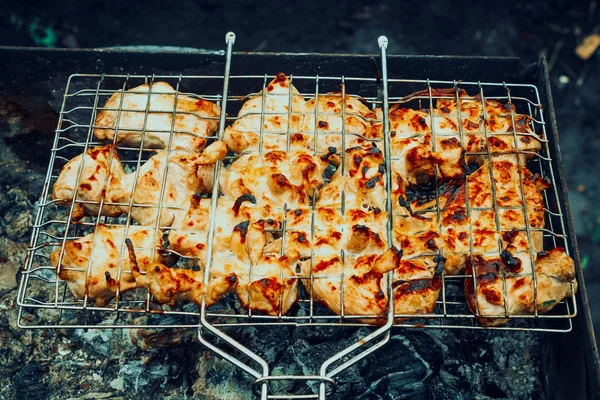 Cucinare Carne Fiamme Carne Fritta Griglia Metallica Barbecue Sulla Natura — Foto Stock