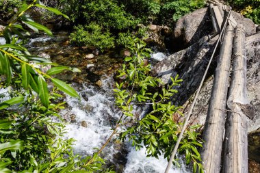Woods ve ipleri dağ nehirden yapılmış eski ahşap Turizm Köprüsü.